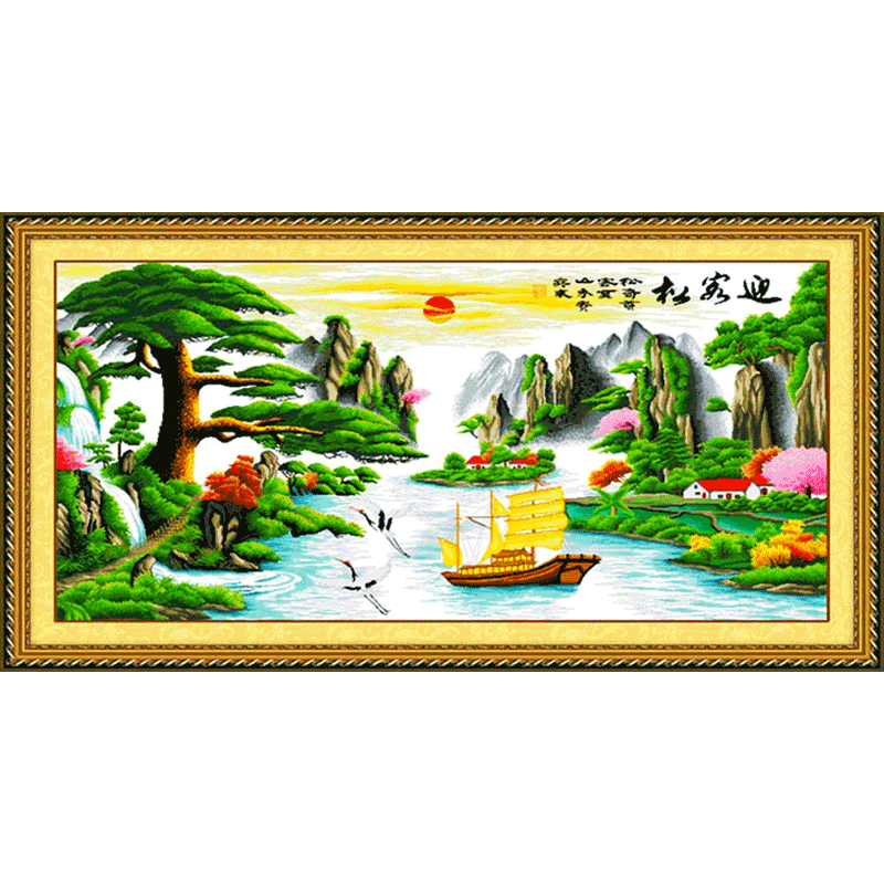 Printed Cloth Cross-Stitch Welcoming Pine Wealth Version Cross-Stitch Landscape Scenery Living Room Silk Thread Hanging Painting Recommended