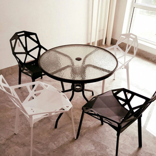 W8 Tempered Glass Round Table Negotiation Table and Chair Combination Outdoor Small Table Modern Simple Iron Dining Table Casual Coffee