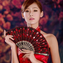 ♔七朵咏春扇跳舞蹈扇子折扇蕾丝布扇民族爵士女道具扇孔雀亮片开