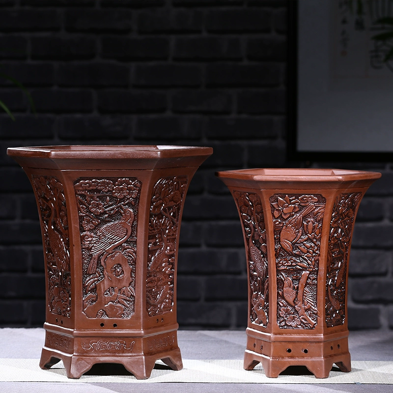 Фиолетовый песочный цветочный горшок, шестиугольный горшок для орхидеи, очень большой керамический антикварный рельефный горшок, балконный комнатный горшок для бонсай, бесплатная доставка