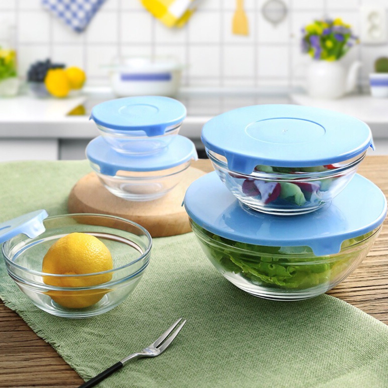 58N glass cooking bowl five suit heat-resistant glass fresh-keeping bowl with lid lunch box salad bowl microwave round glass