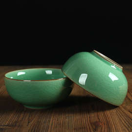 陶瓷碗家用中式米饭碗创意龙泉青瓷哥窑4.5英寸冰裂纹餐具小云邦