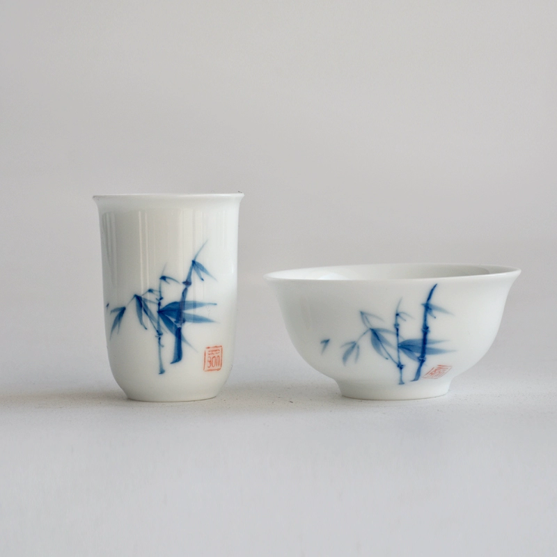 Blue and white tea cup handmade, ceramic set, hand painting