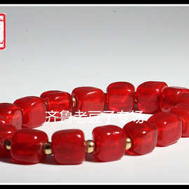 老琉璃珠子11mm酒红 樱桃红 红宝石色老琉璃方块珠 四方琉璃珠