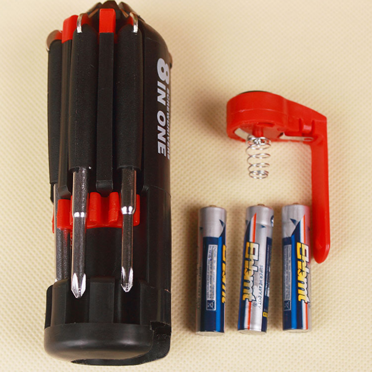 Multifuncional 8 en 1 conjunto de cabeza de destornillador combinado con 6 lámparas LED, una herramienta de mantenimiento de destornillador de cruz