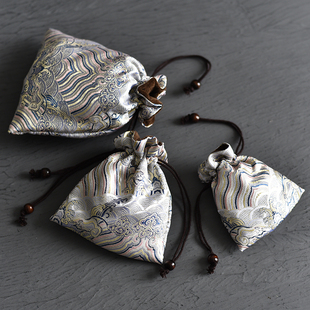 Hand-embroidered brocade bag double-layer cotton and linen storage bag cultural play cloth bag girdle drawstring jewelry pony