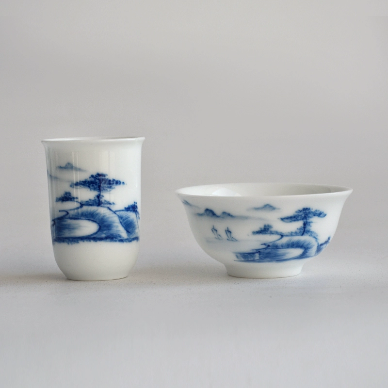 Blue and white tea cup handmade, ceramic set, hand painting
