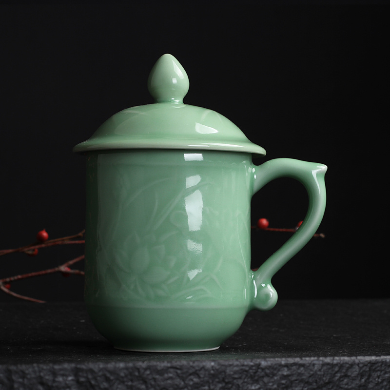 青瓷茶杯手工杯创意办公杯陶瓷家用杯会议将军杯有柄带盖杯子定