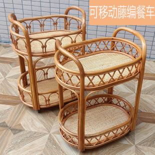 Two-Layer Pet Bed Rattan Basket with Wheels Beauty Trolley Storage Rack Restaurant Rattan Cosmetics Removable Multi-Function