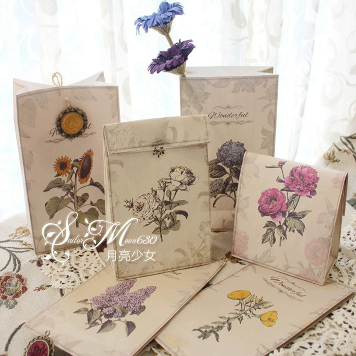 Ретро-цветочная подарочная упаковка/бумажный пакет с плоским горлышком без ручки/пакет для выпечки/конфетный пакет/возвратный подарочный пакет
