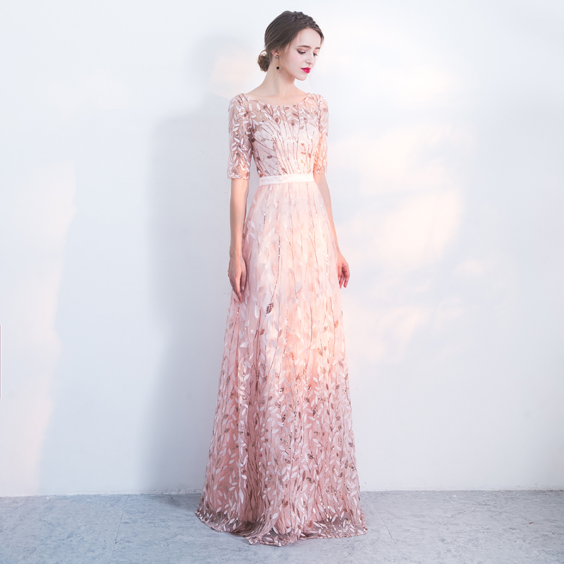 Pink Mid-Sleeve Art Test Evening Dress, Feminine Coming-Of-Age Ceremony, Fairy-Like Slimming Look Banquet Host Long Dress