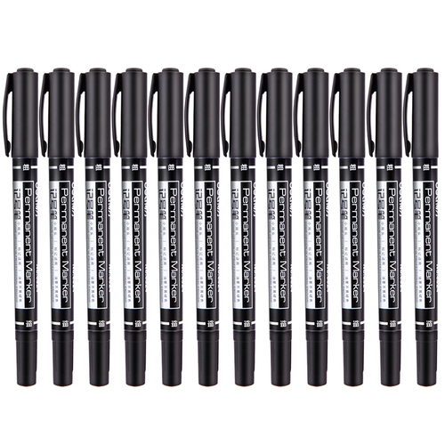 Deli Stationery 6824 oil-based pen small double-ended marker black thickness two-ended children's painting hook pen 6881