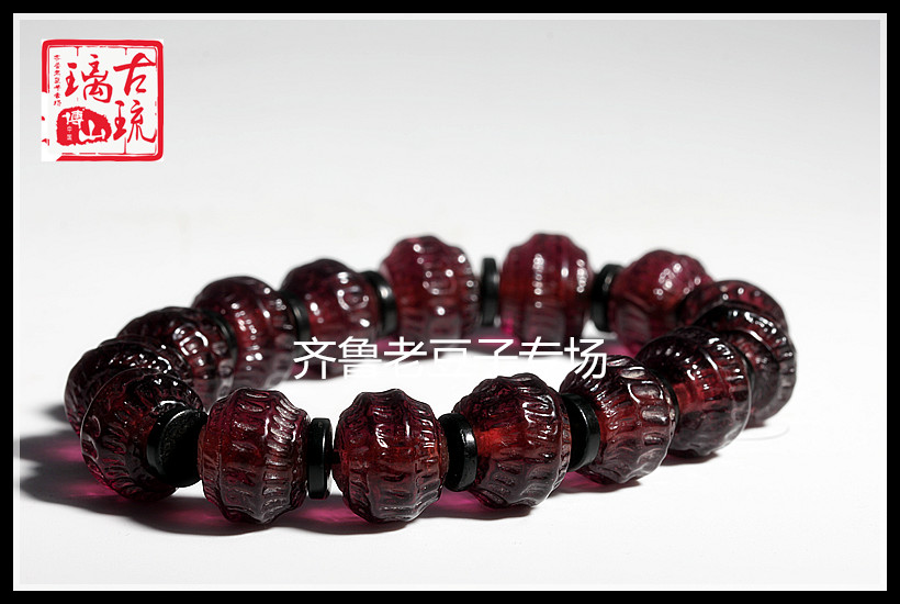 老琉璃珠子12mm金红玫瑰紫色齿轮纹转丝压花孤品料老琉璃散珠手链