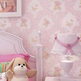 儿童房自粘壁纸卡通小熊男孩女孩卧室可爱公主粉色无纺布墙纸雪儿
