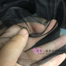 意大利超透明纯黑色欧根纱服装连衣裙面料闪光玻璃纱设计布料