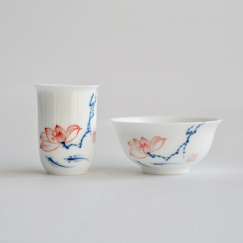 Blue and white tea cup handmade, ceramic set, hand painting