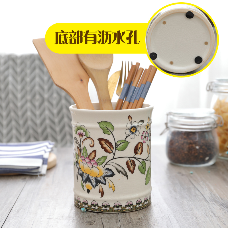 9JO ヨーロッパセラミックダブル箸チューブキッチン用品スプーン食器収納ボックス大口径排水ダブルチューブ箸ケージ|undefined