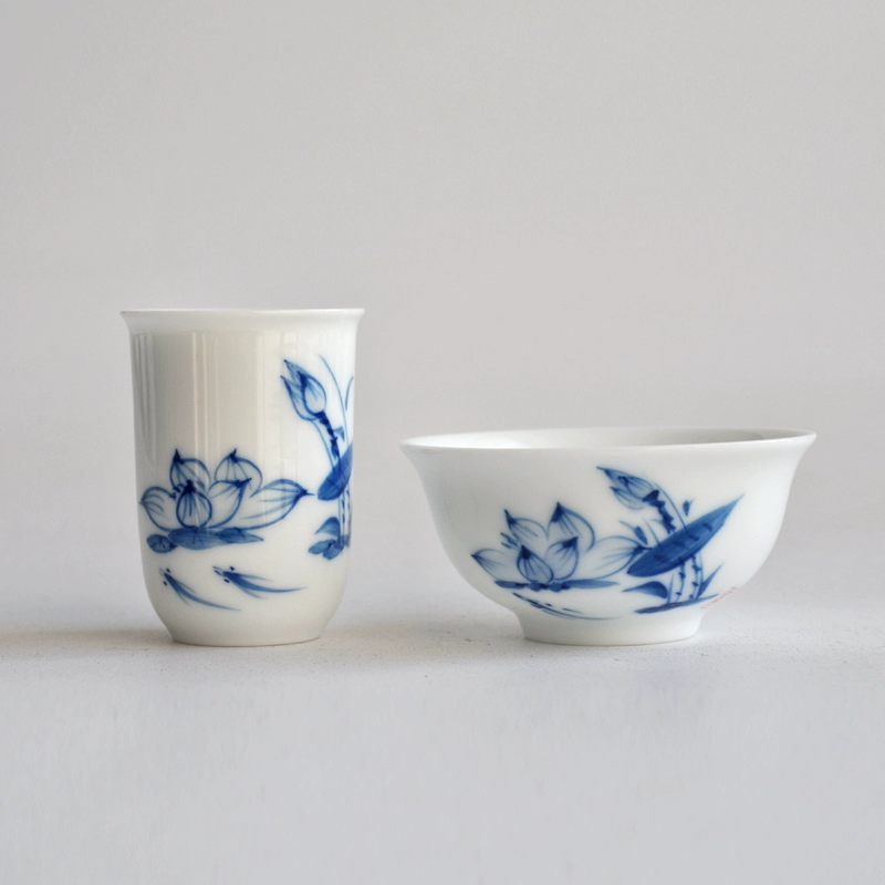 Blue and white tea cup handmade, ceramic set, hand painting