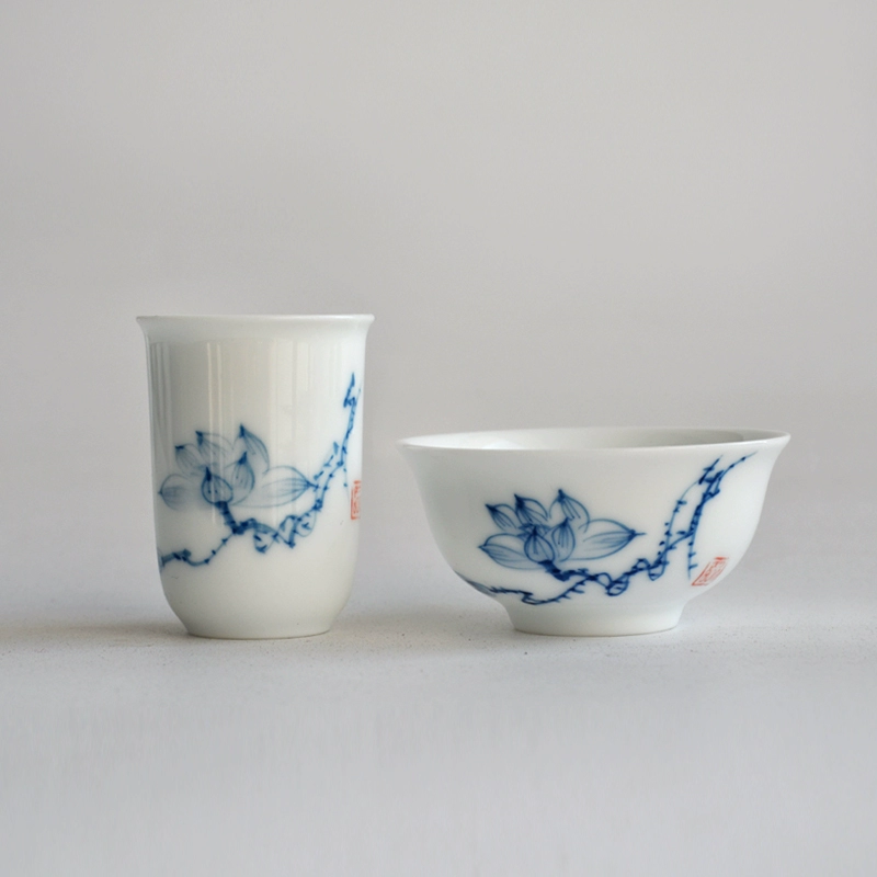 Blue and white tea cup handmade, ceramic set, hand painting