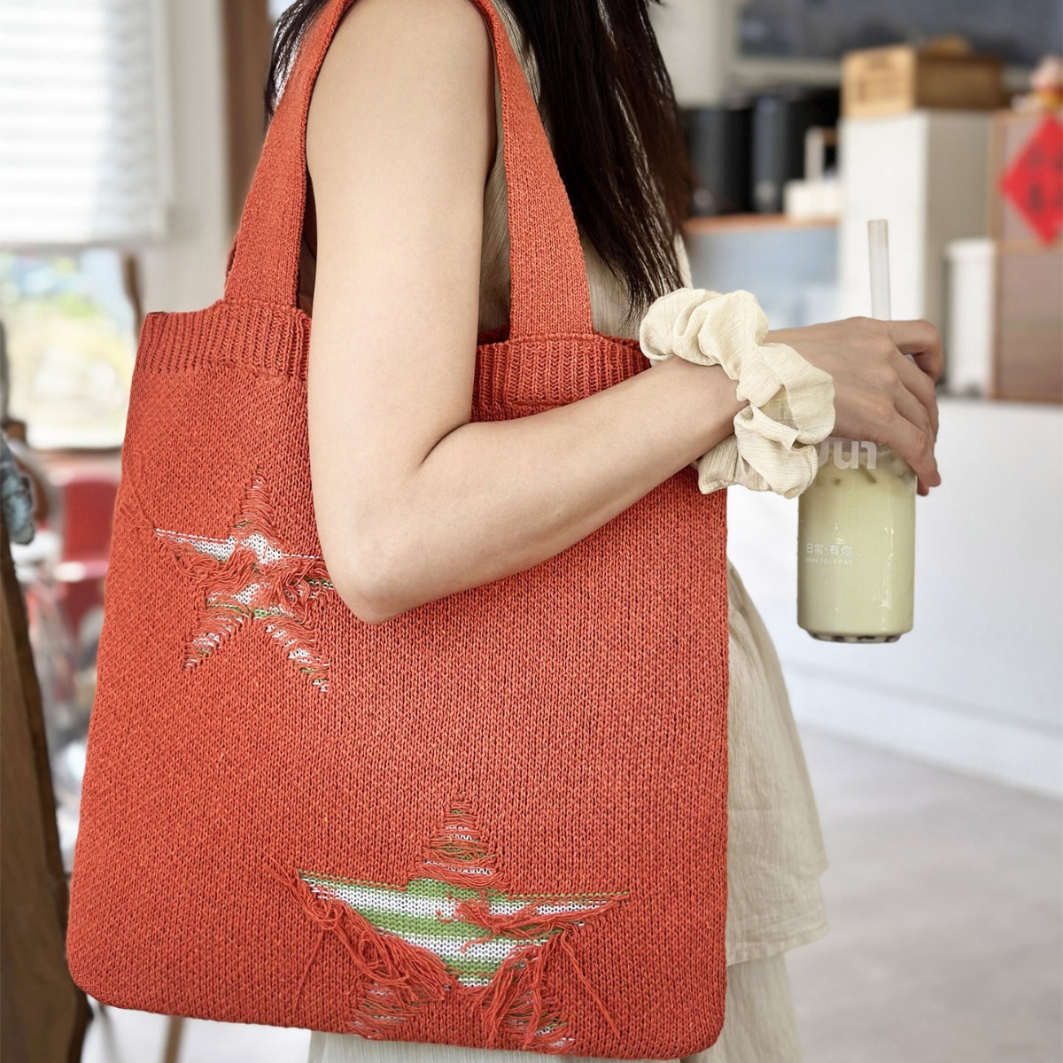 2024 cross-border foreign trade new knitted bag woven bag large capacity tote bag love tassel pattern shoulder bag - 2