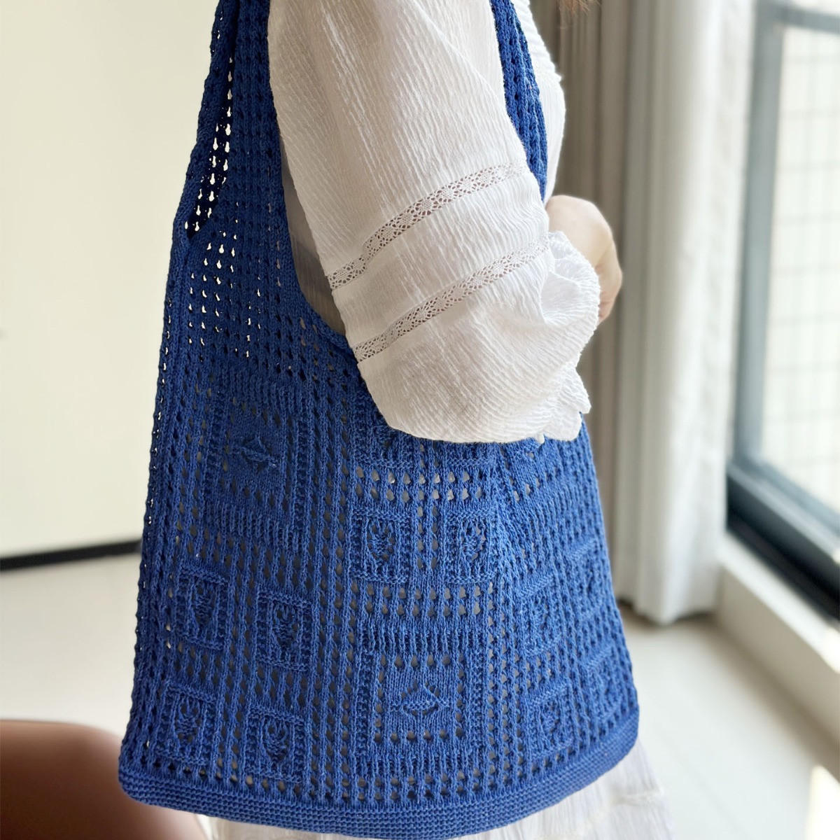 Knitted bag vintage mesh hollow simple woven bag women's bag shoulder bag wool handbag shopping bag - 2