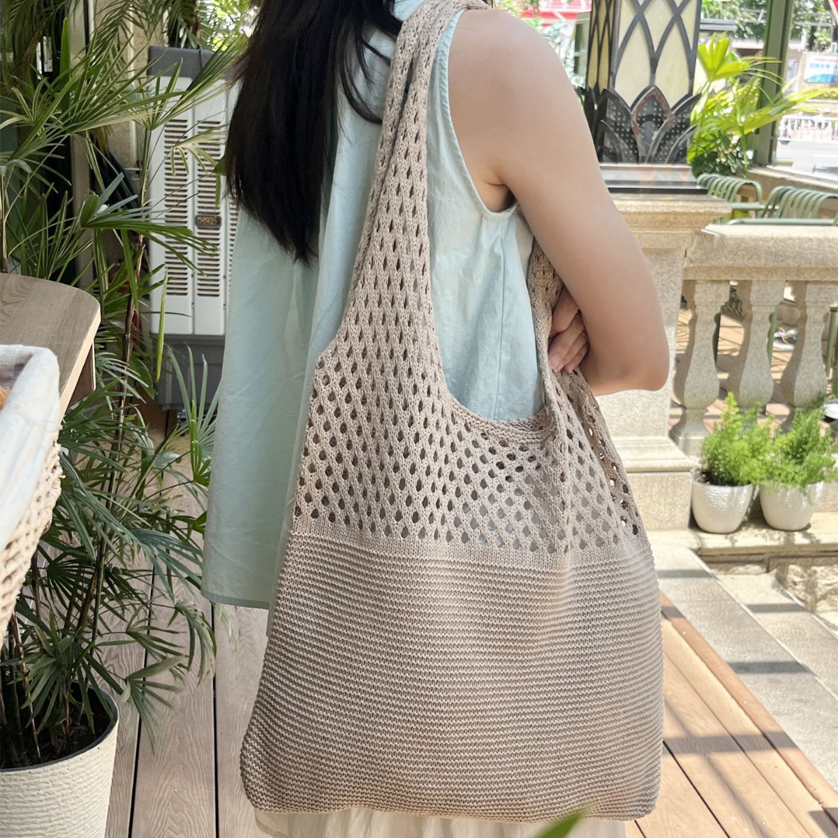 Amazon Cross-border New Solid Color Wool Knitted Shoulder Handbag Summer All-match Hollow Woven Bag for Women - 2