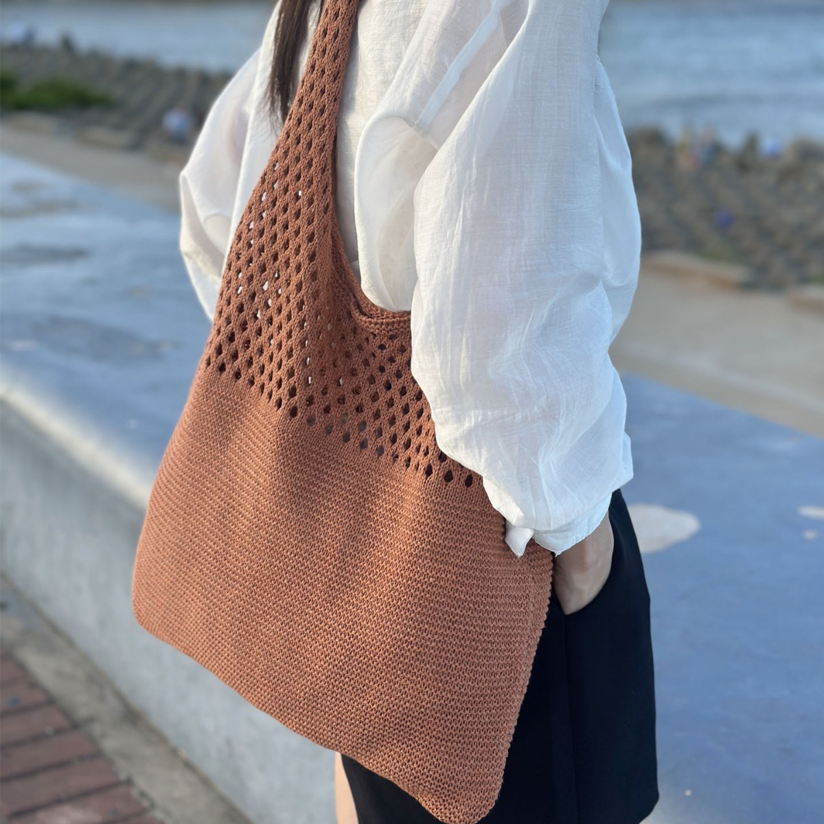 Amazon Cross-border New Solid Color Wool Knitted Shoulder Handbag Summer All-match Hollow Woven Bag for Women - 1