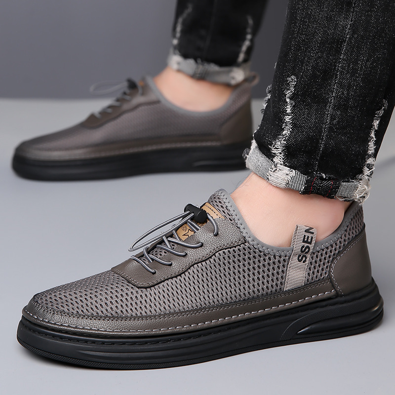 Men's Shoes Summer New Sports Casual Hollow Breathable Mesh Shoes Men's Genuine Leather Slip-on Soft Bottom Hole Sandals - 1