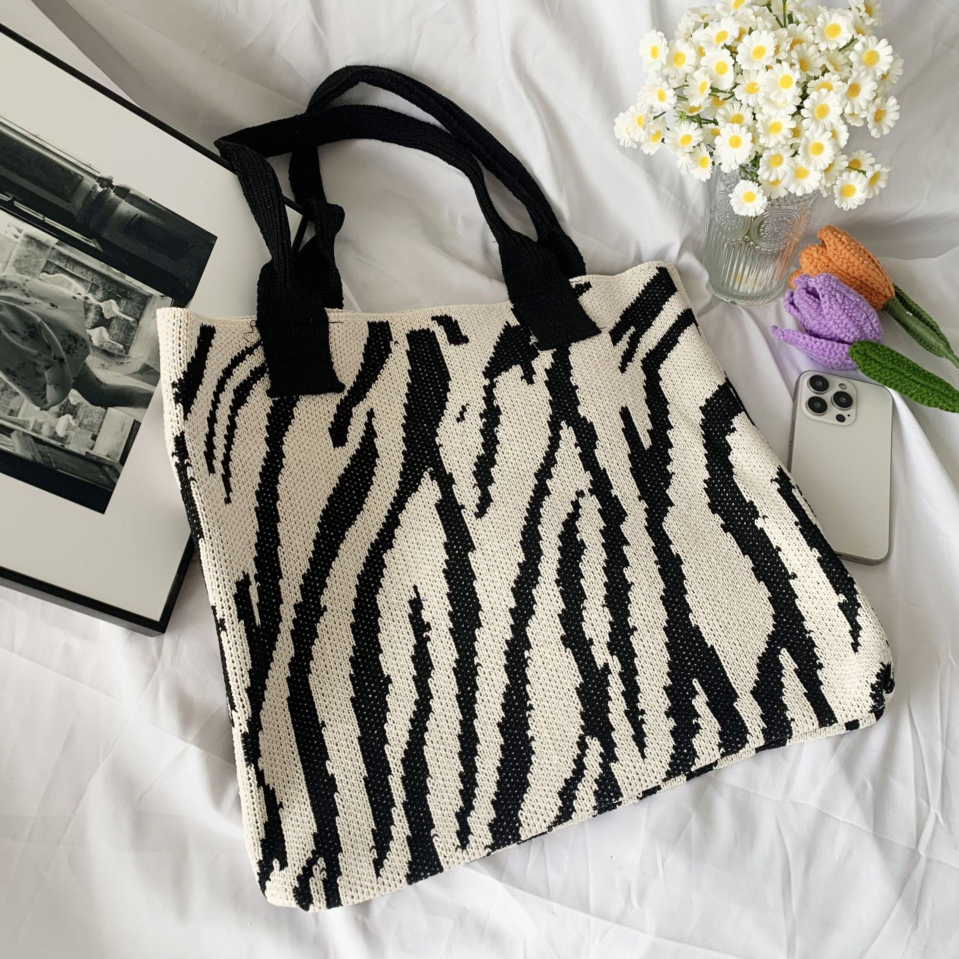 Summer New Cross-border Knitted Bag Large Capacity Fashion Shoulder Tote Bag Leopard Print Women's Portable Knitted Bag - 1