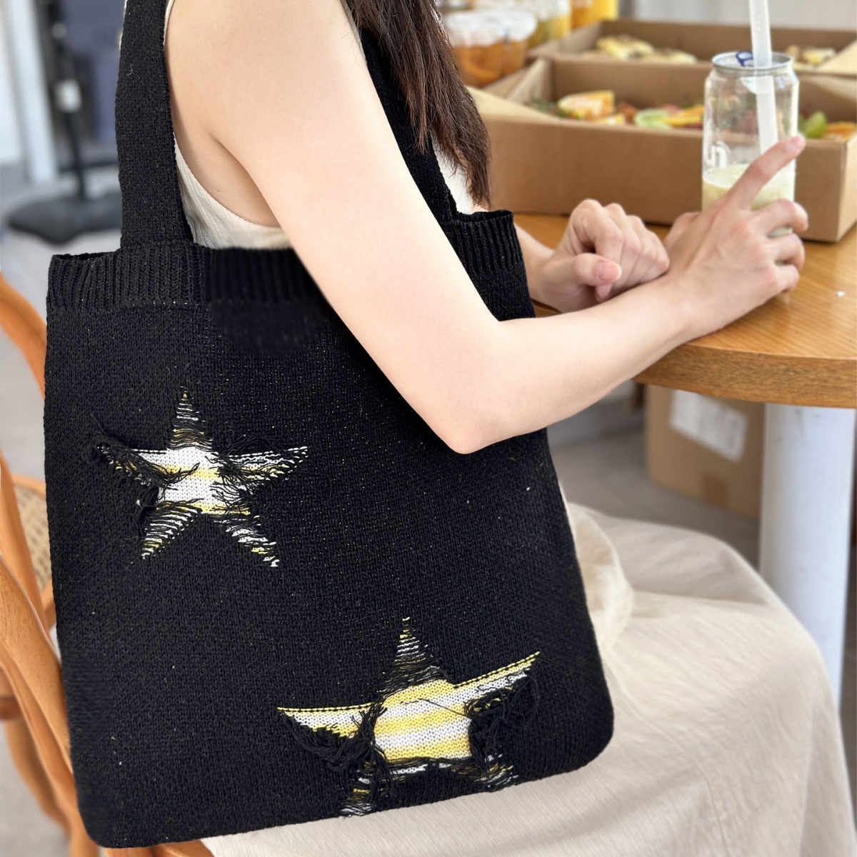 2024 cross-border foreign trade new knitted bag woven bag large capacity tote bag love tassel pattern shoulder bag - 3