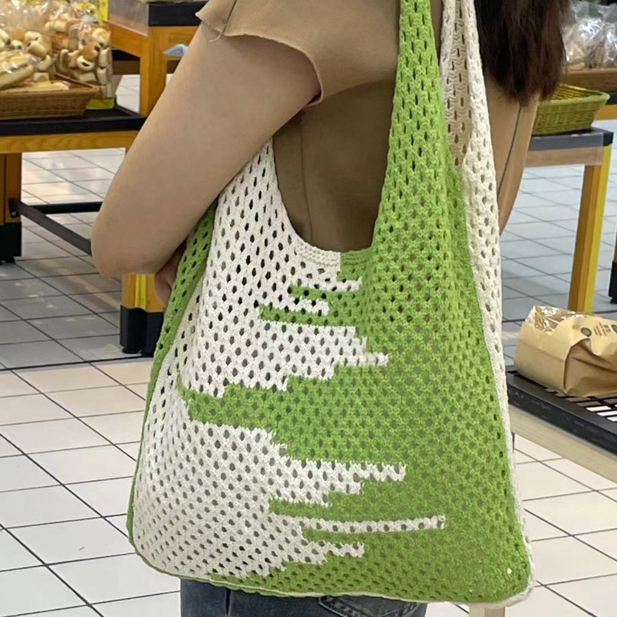 2024 Summer New Cross-border Large Capacity Shoulder Bag Women's Stitching Hollow Knitted Bag Hand-woven Bag