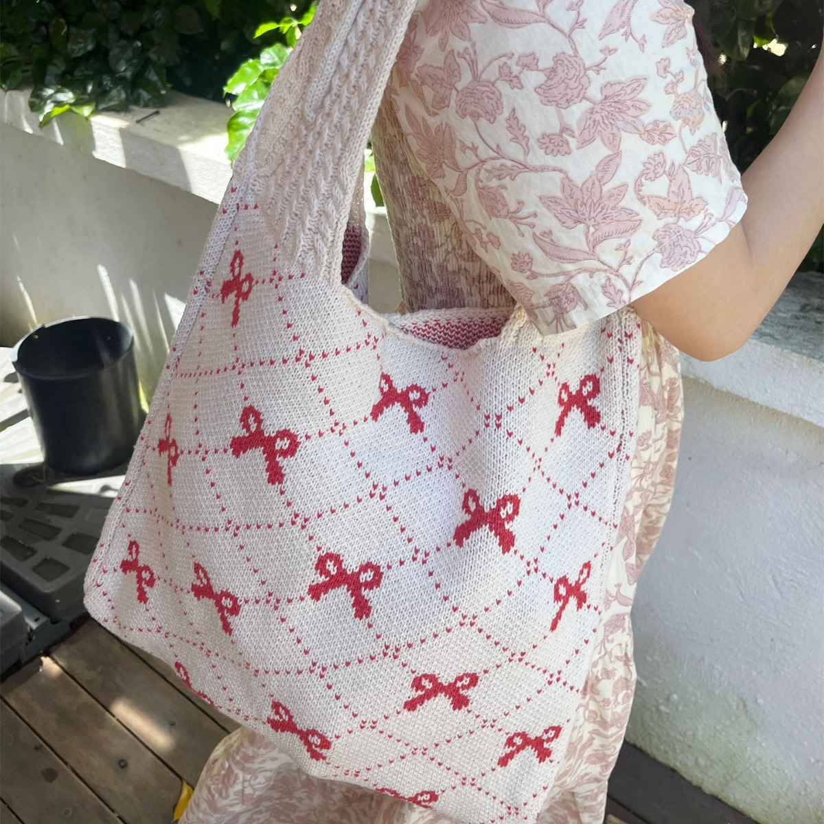 Ins New Cross-border Amazon Special Knitted Shoulder Bag All-match Bow Pattern Tote Bag for Women - 3