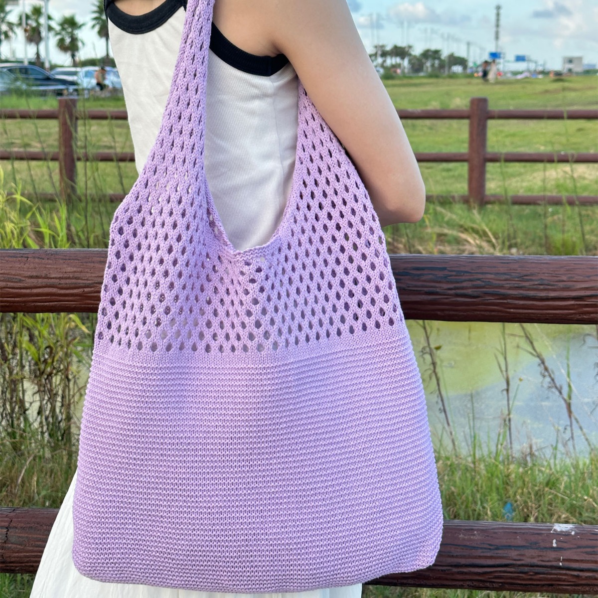 Amazon Cross-border New Solid Color Wool Knitted Shoulder Handbag Summer All-match Hollow Woven Bag for Women - 3