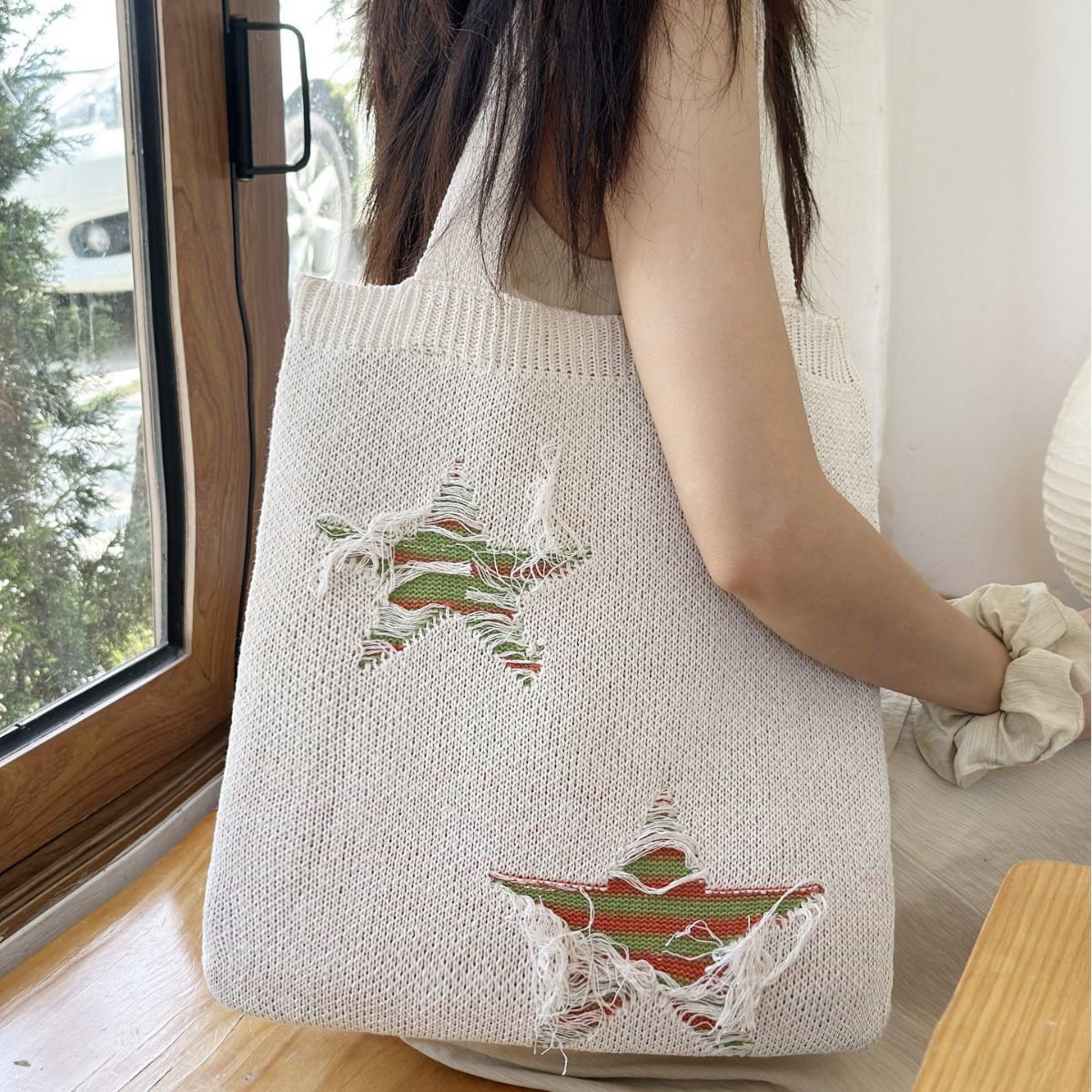 2024 cross-border foreign trade new knitted bag woven bag large capacity tote bag love tassel pattern shoulder bag - 1