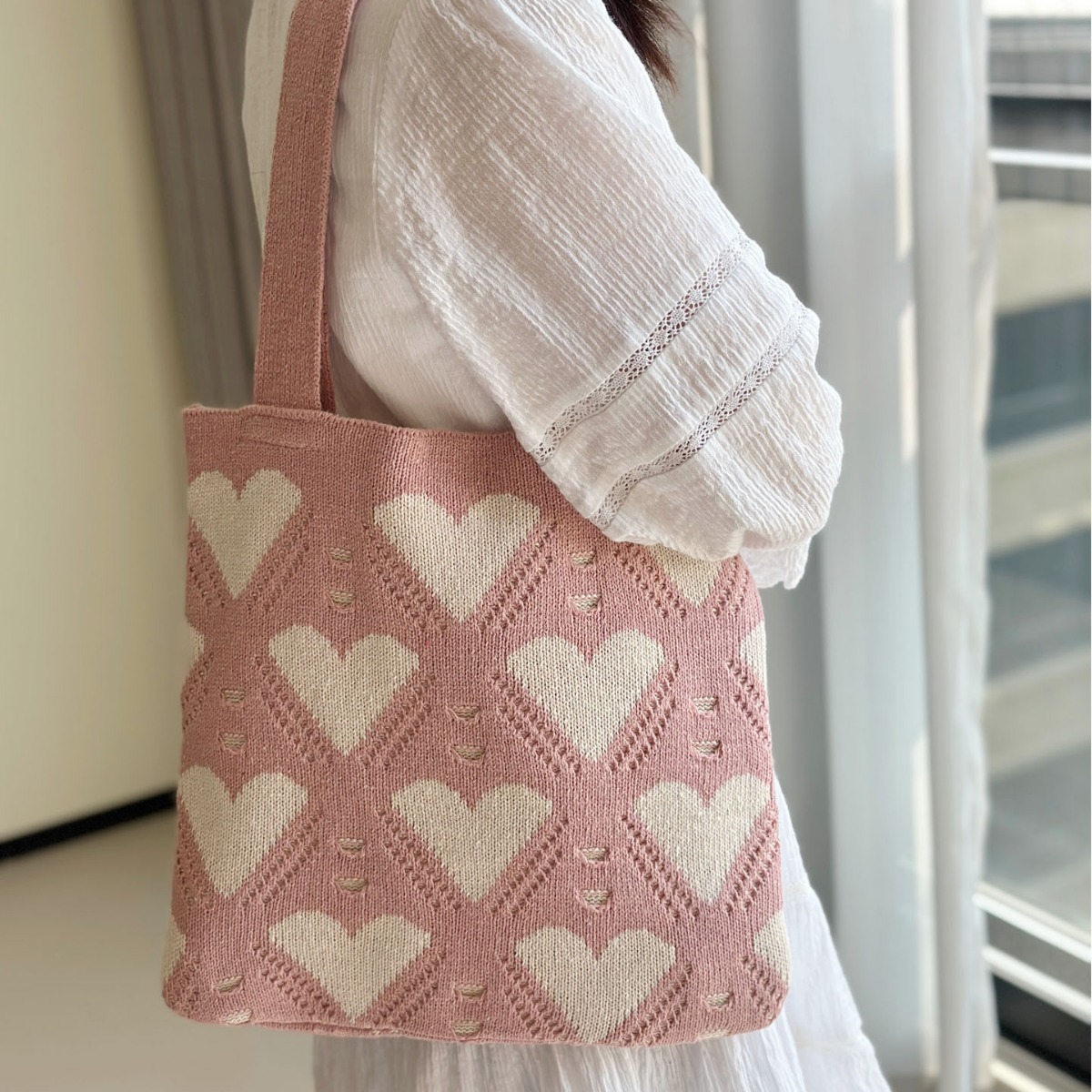 Love Jacquard Pattern Fashion Knitted Bag New All-match Casual Bag Lazy Style Foreign Trade Crocheted Knitted Bag for Women - 3