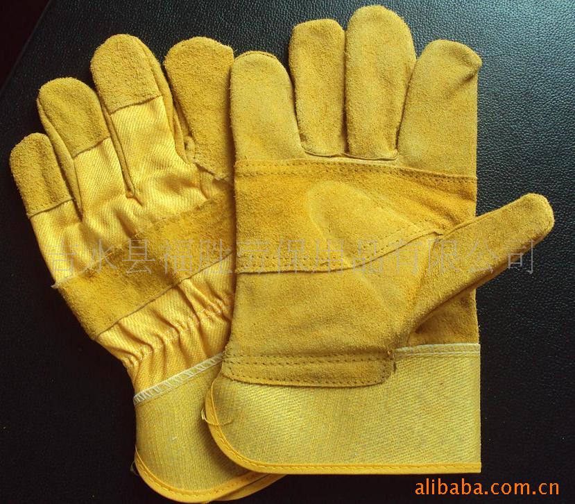 供应10.5黄胶袖黄色牛二层皮驳掌安全防护劳保手套 黄牛皮手套