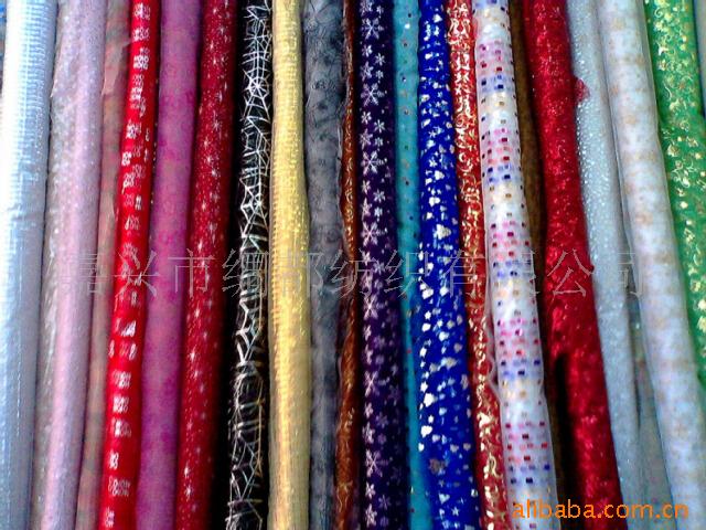 供应烫金烫银类珍珠纱玻璃纱闪光缎烫金欧根纱