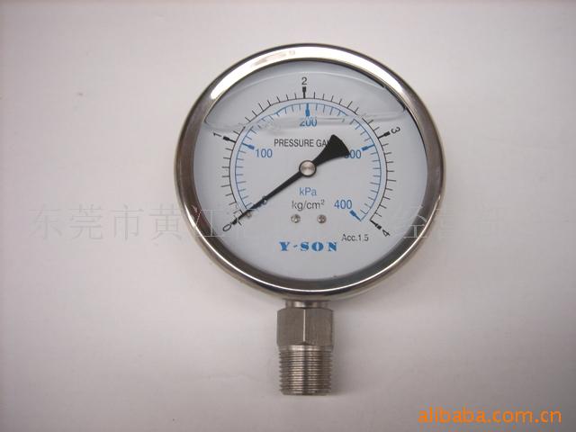 供应100mm径向4kg不锈钢压力表1/2PT牙，SUS304抗震充油压力表