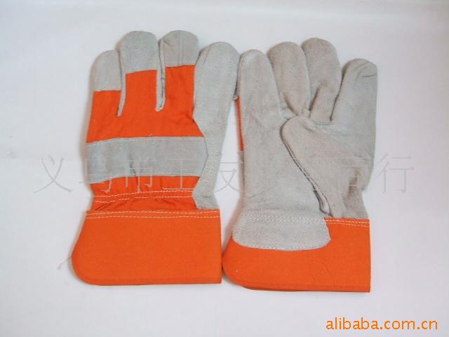 厂家直销本色牛皮二层桔红布全掌劳保手套工作防护手套焊工手套