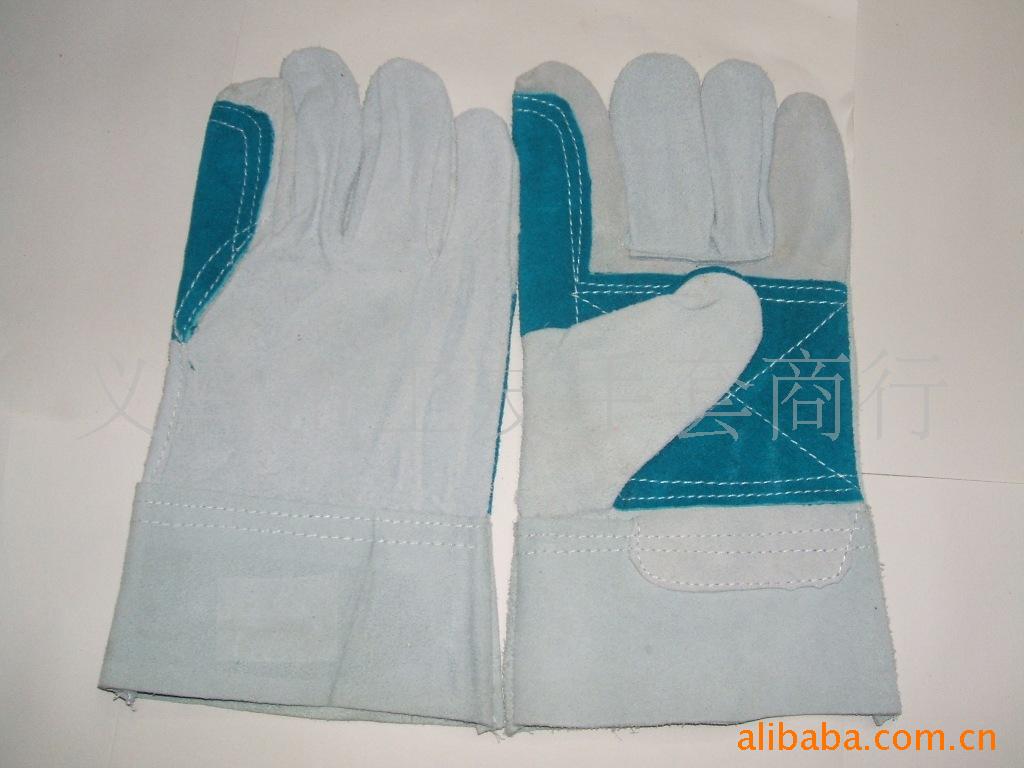 厂家直销本色全皮加绿托短电焊手套劳保手套防护手套牛二层焊工