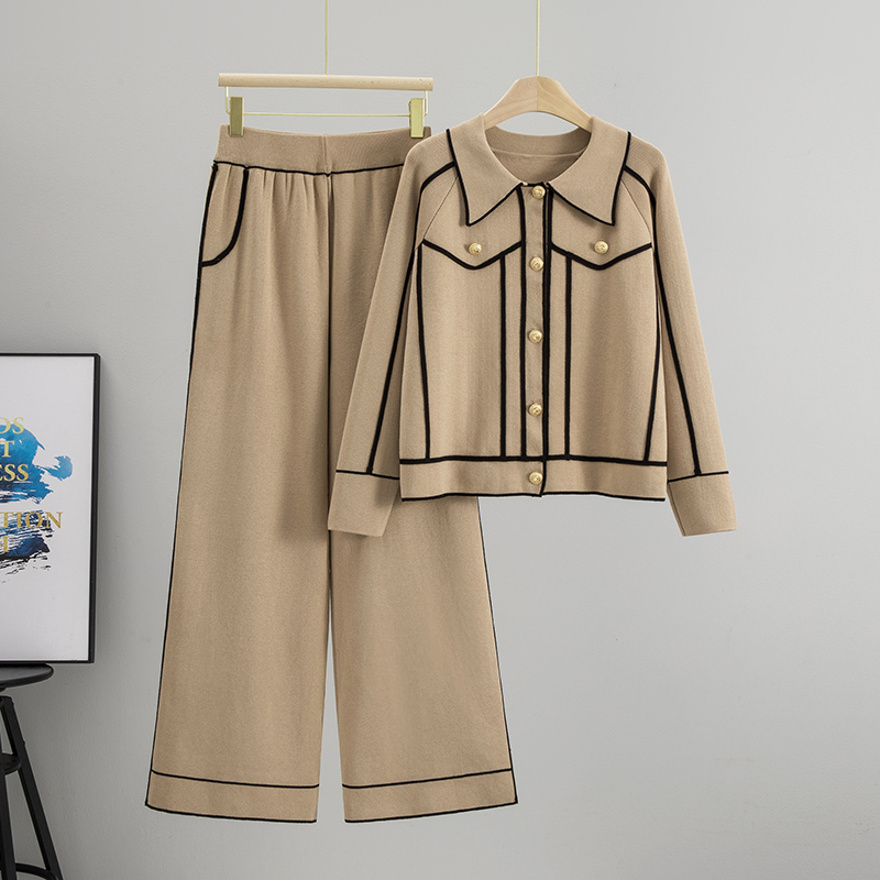 Tweed Style Suit for Women, Spring & Fall, Slimming Look, Age-Reducing, Fashionable, Elegant, Ice Silk Knitted Wide-Leg Pants, Two-Piece Set for Women