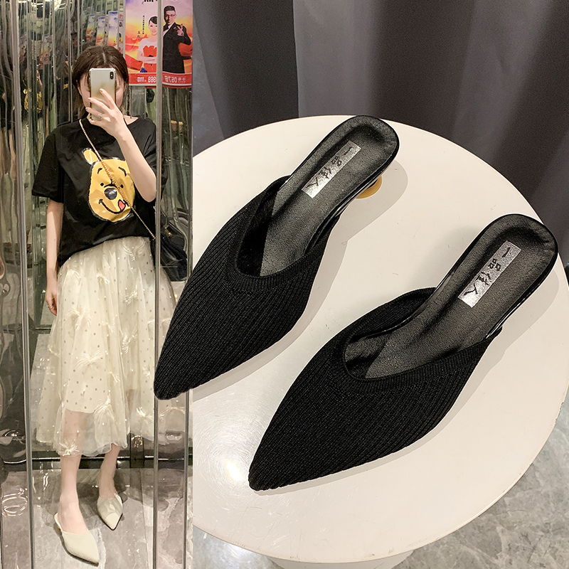 Women's Summer 2025 New Style Chunky Heel Mules, Fashionable Pointed Toe Knitted Elastic Retro Closed-Toe Half Slippers, Mid-Heel