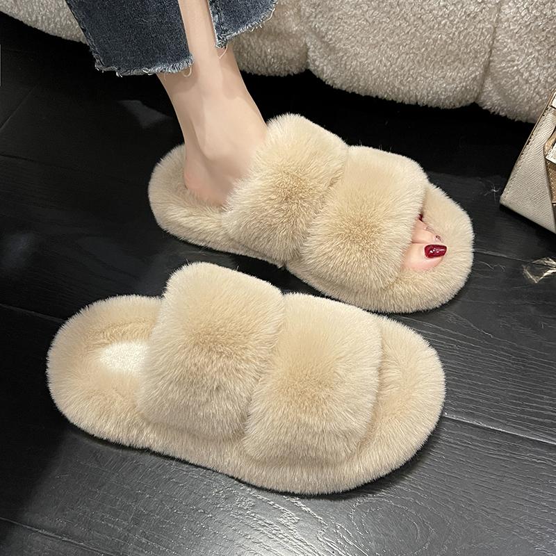 soft sole Women's Furry Slippers for Outdoor Wear 2025 New Spring and Autumn Flat Furry Shoes One-Strap Home Cotton Slippers
