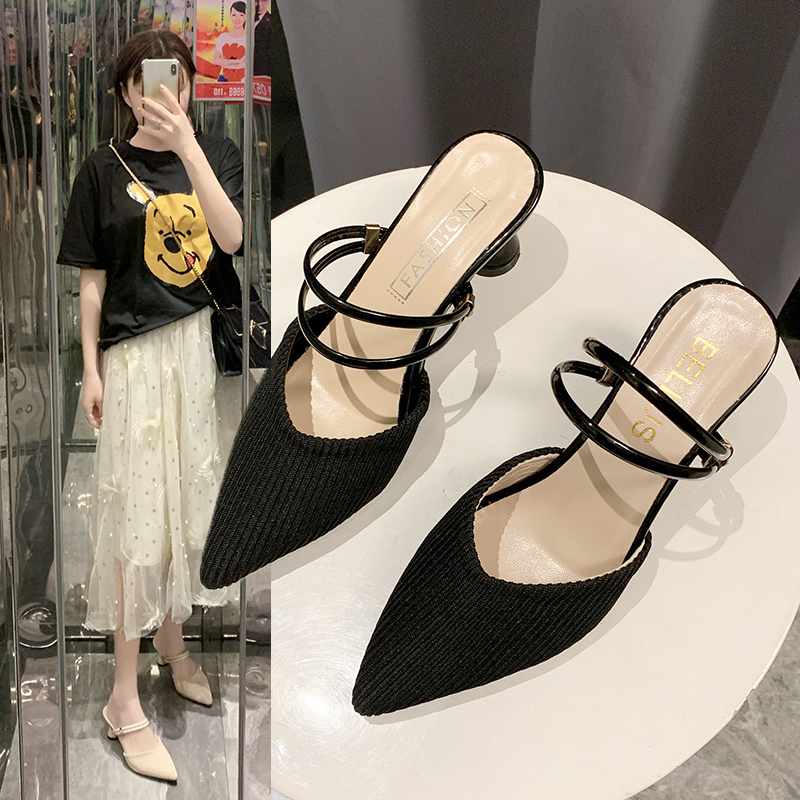Women's Pointed-Toe Mules with Thick Heels, Korean Style Knitted Half-Slippers, Fairy Style, Summer 2025 New Model