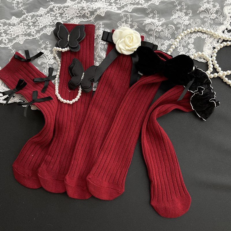 Korean Children's Socks New Year Red Socks Ankora Red Bows Stuffed Lace girl Piled Socks