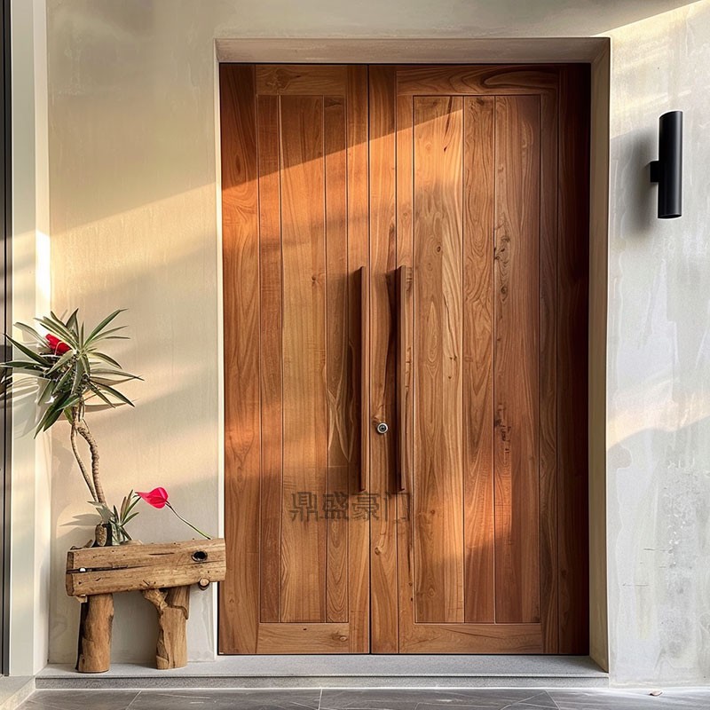 Wabi-Sabi Style Solid Teak Wood Door for Courtyard Villa, Rural Self-Built House Entrance Door, Antique Wooden Door, Double-Opening Entrance Door