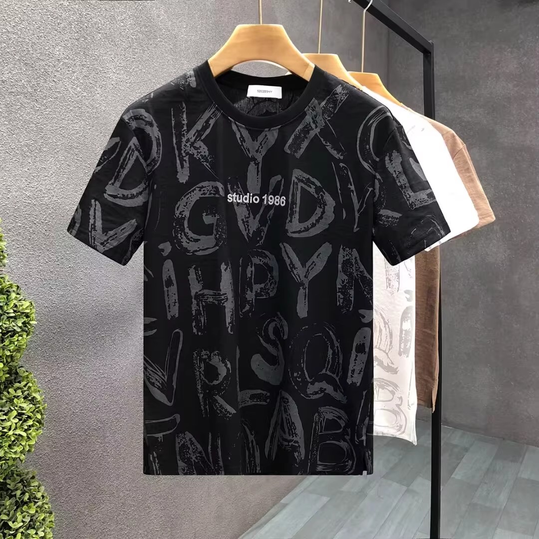 American Trendy Brand Letter Printed Short-Sleeved Men's Summer Cotton Embroidered Round Neck T-Shirt Slim Casual Design Top