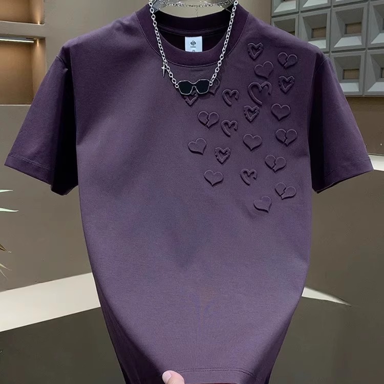 2025 New Summer Men's Trendy Brand Casual Short-Sleeved T-Shirt Stereo Stamped Heart Round Neck Versatile Pullover Top