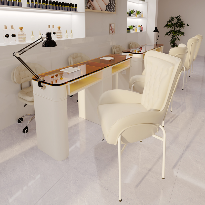 Zhongmin Shangpin Cream Style Manicure Table and Chair Set, Iron Art Glass Manicure Table with Built-In Vacuum Cleaner and Socket, Nail Art Table