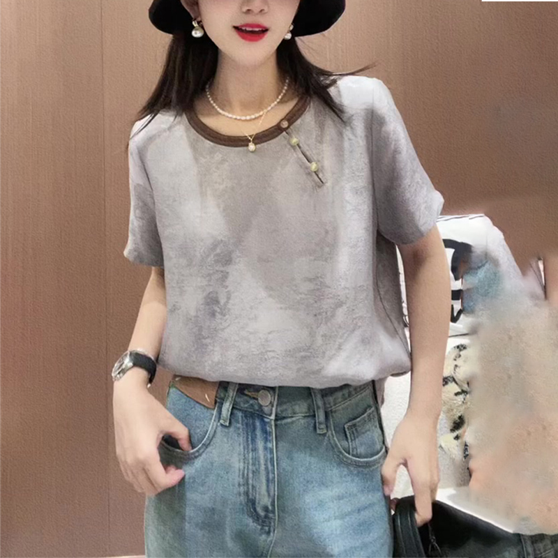 Gray Round-Neck Chinese Style Short-Sleeve T-Shirt for Women, 2025 Summer High-End Retro Button-Up Color-Block Jacquard Versatile Top